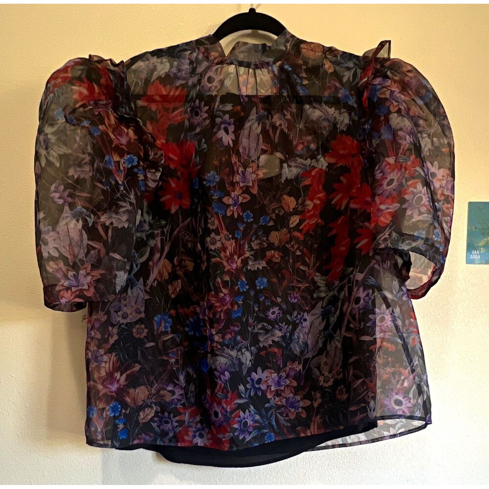Maeve Women’s Floral Sheer Chiffon Puff Sleeve High Neck Tie Bow Blouse XL
